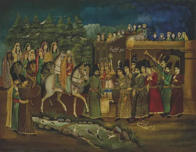An old Persian painting of a royal wedding procession with riders, guards and a crowd
