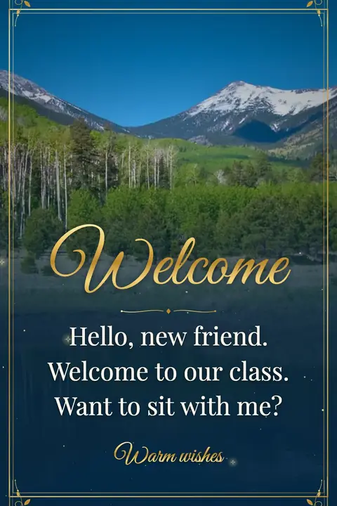 Welcome wishes image: Hello, new friend. Welcome to our class. Want to sit with me?