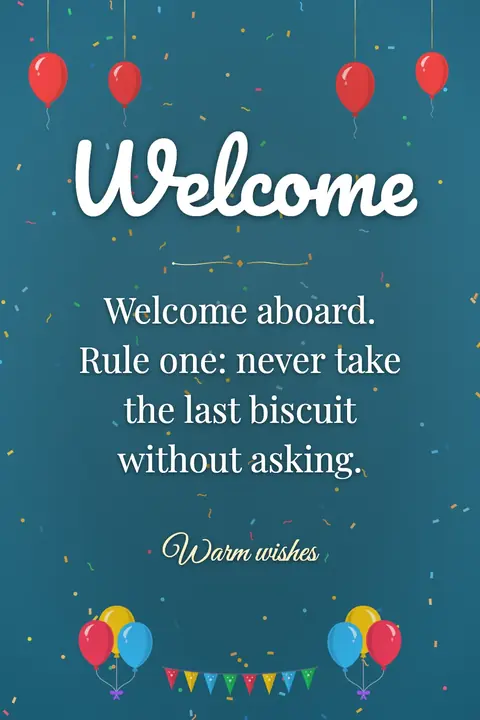 Welcome wishes image: Welcome aboard. Rule one: never take the last biscuit without asking.