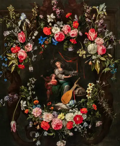 An old painting of a rich flower garland