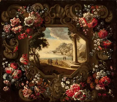 An old painting of a flower garland around a sea view