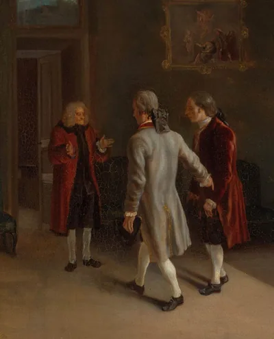 An old painting of a host greeting guests in a hall