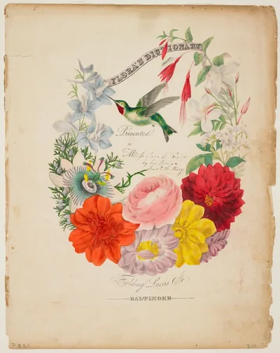 An old card with bright painted flowers and a bird
