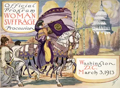 An old illustrated programme showing a woman on a white horse leading a procession in 1913