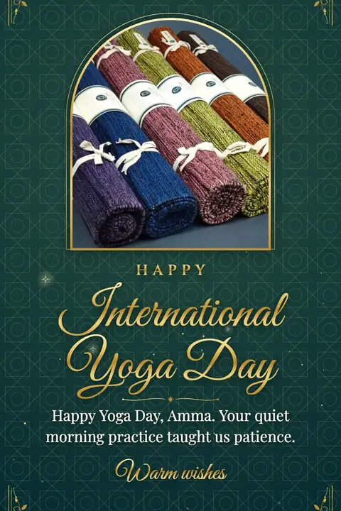 International Day of Yoga wishes image: Happy Yoga Day, Amma. Your quiet morning practice taught us patience.