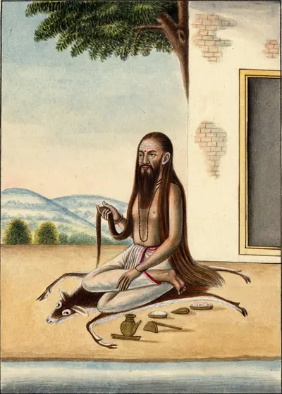 An old Indian painting of a sage seated on a deer skin