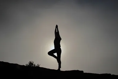 A person holding a tree pose against a pale sky