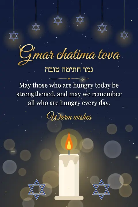 Yom Kippur wishes image: May those who are hungry today be strengthened, and may we remember all who are hungry every day.