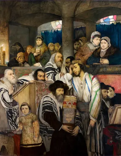 Old painting of men in prayer shawls praying in a synagogue