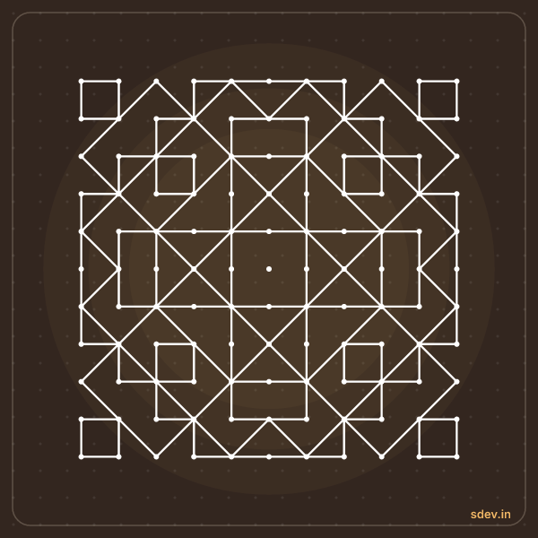 Pulli Kolam, 11 - 11 straight dots, No. 38: finished kolam design
