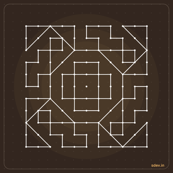 Pulli Kolam, 11 - 11 straight dots, No. 58: finished kolam design