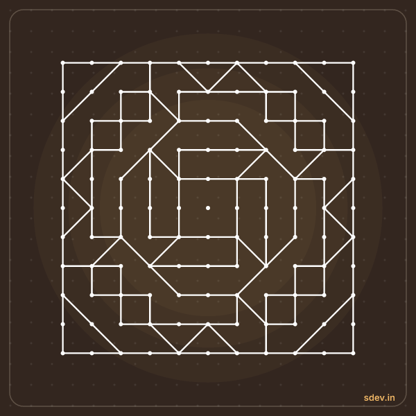 Pulli Kolam, 11 - 11 straight dots, No. 59: finished kolam design