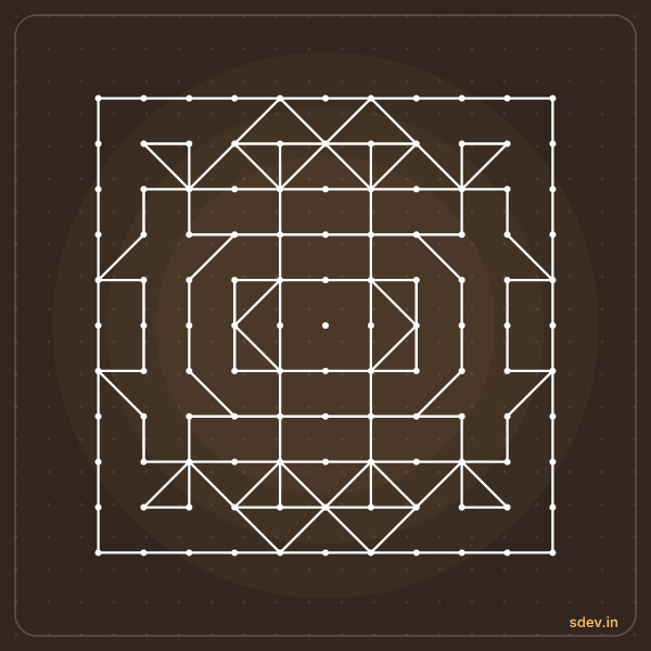 Pulli Kolam, 11 - 11 straight dots, No. 61: finished kolam design