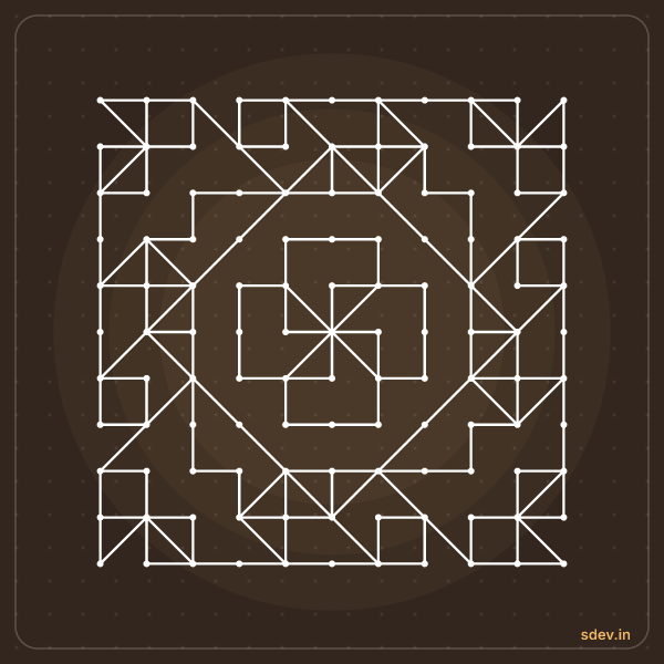 Pulli Kolam, 11 - 11 straight dots, No. 71: finished kolam design