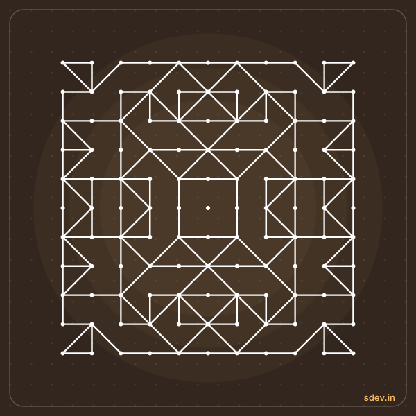 Pulli Kolam, 11 - 11 straight dots, No. 79: finished kolam design