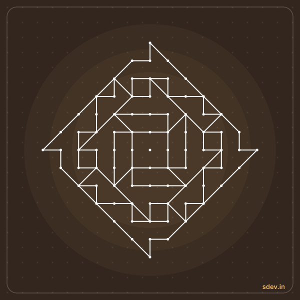 Pulli Kolam, 13 - 1 straight dots, No. 59: finished kolam design