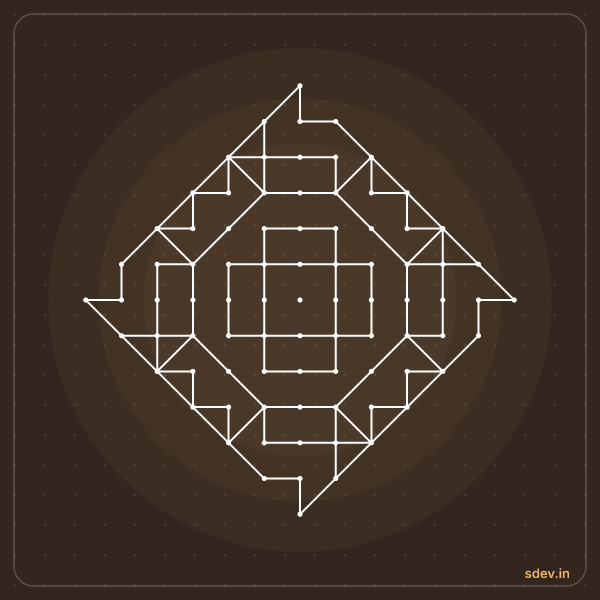 Pulli Kolam, 13 - 1 straight dots, No. 60: finished kolam design