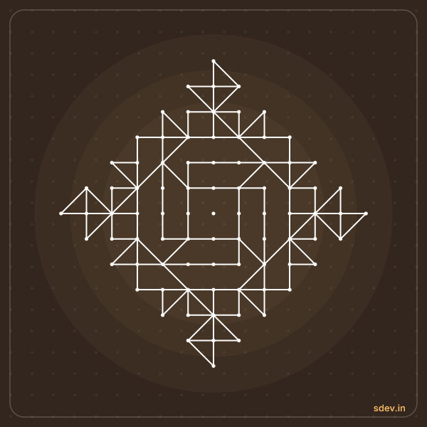 Pulli Kolam, 13 - 1 straight dots, No. 70: finished kolam design