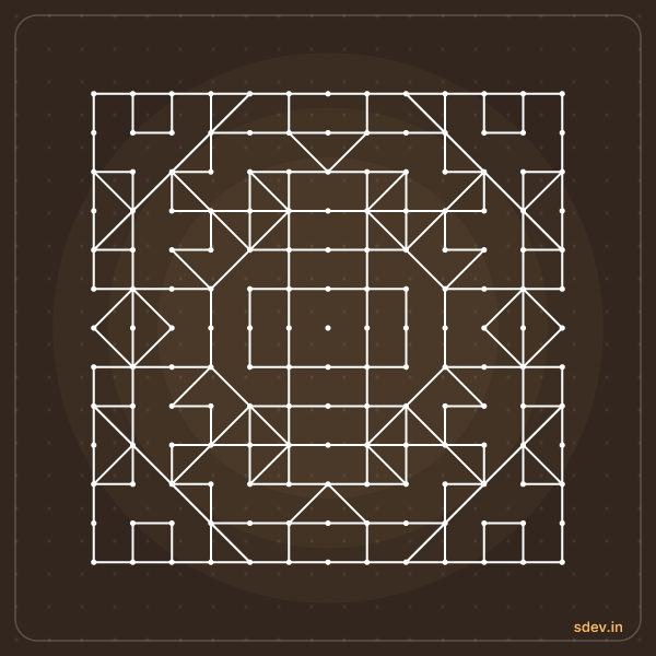 Pulli Kolam, 13 - 13 straight dots, No. 68: finished kolam design