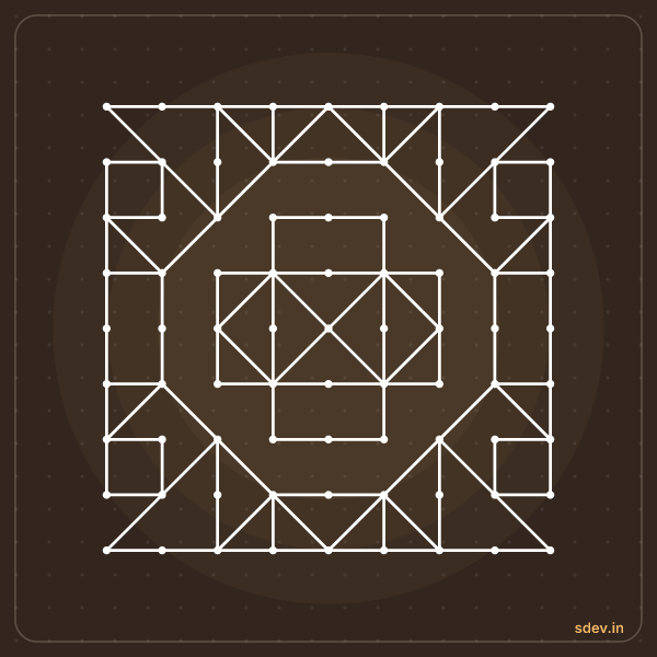 Pulli Kolam, 9 - 9 straight dots, No. 76: finished kolam design