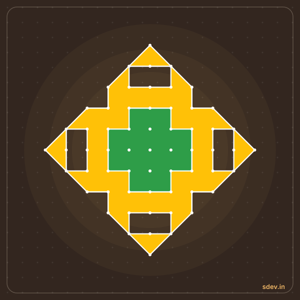 Pulli Rangoli, 11 - 1 straight dots, No. 1: finished kolam design