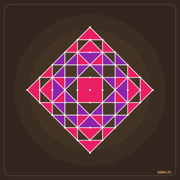 Pulli Rangoli, 11 - 1 straight dots, No. 38: finished kolam design