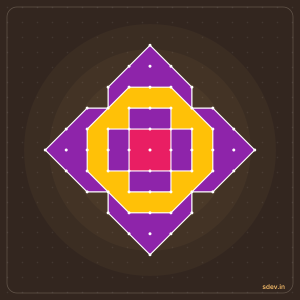 Pulli Rangoli, 11 - 1 straight dots, No. 64: finished kolam design