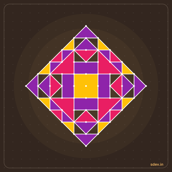 Pulli Rangoli, 11 - 1 straight dots, No. 100: finished kolam design