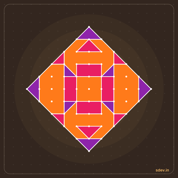 Pulli Rangoli, 11 - 1 straight dots, No. 106: finished kolam design