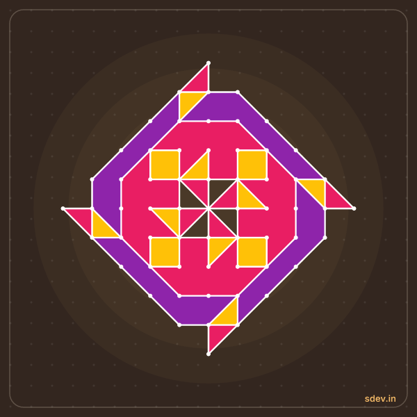 Pulli Rangoli, 11 - 1 straight dots, No. 115: finished kolam design