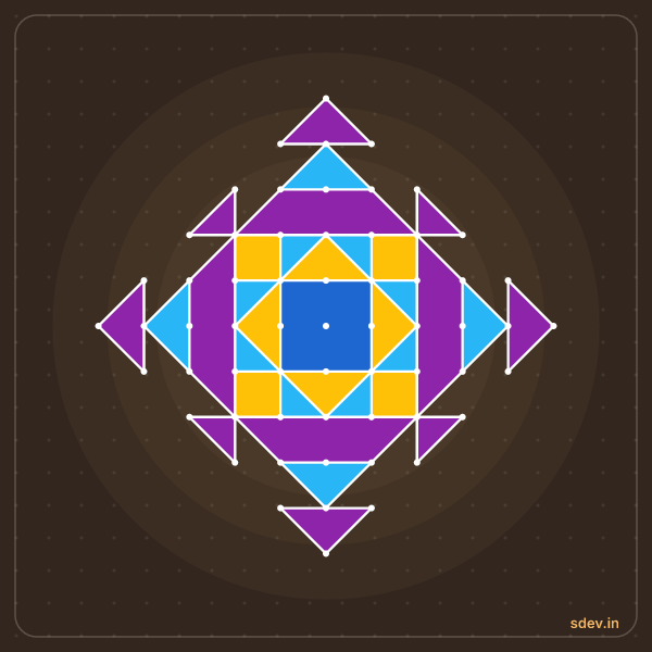 Pulli Rangoli, 11 - 1 straight dots, No. 142: finished kolam design