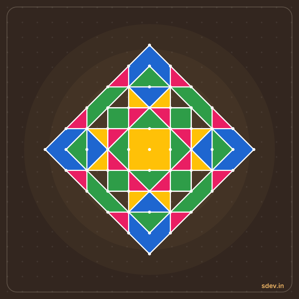 Pulli Rangoli, 11 - 1 straight dots, No. 162: finished kolam design