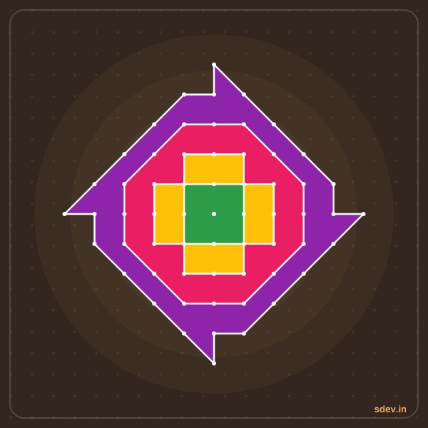 Pulli Rangoli, 11 - 1 straight dots, No. 165: finished kolam design