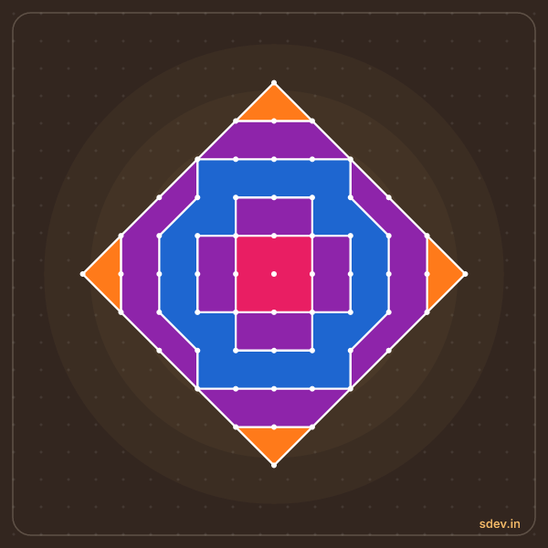 Pulli Rangoli, 11 - 1 straight dots, No. 166: finished kolam design