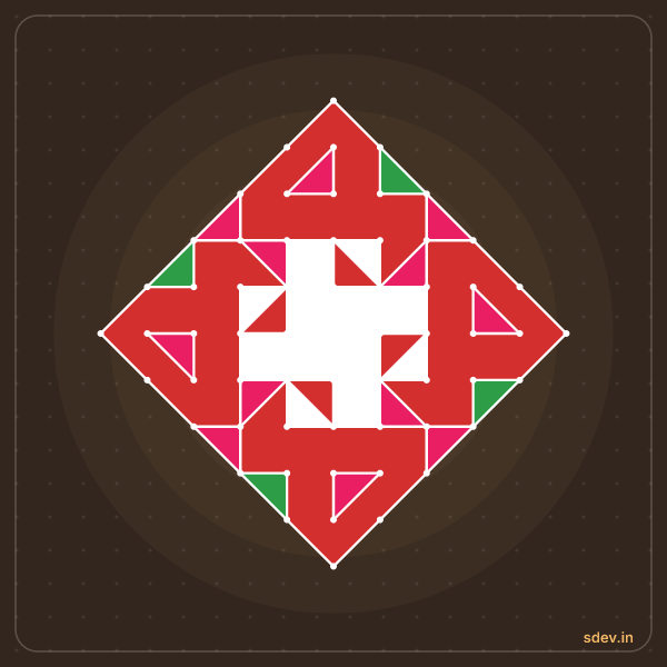 Pulli Rangoli, 11 - 1 straight dots, No. 170: finished kolam design