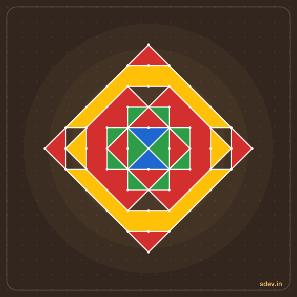 Pulli Rangoli, 11 - 1 straight dots, No. 175: finished kolam design