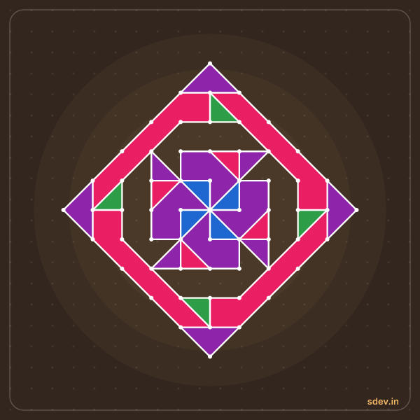 Pulli Rangoli, 11 - 1 straight dots, No. 177: finished kolam design