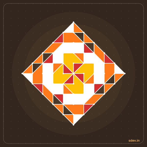 Pulli Rangoli, 11 - 1 straight dots, No. 188: finished kolam design