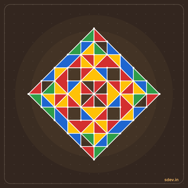 Pulli Rangoli, 11 - 1 straight dots, No. 190: finished kolam design