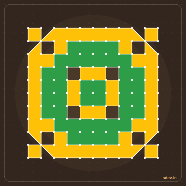 Pulli Rangoli, 11 - 11 straight dots, No. 1: finished kolam design