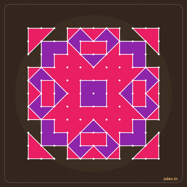 Pulli Rangoli, 11 - 11 straight dots, No. 4: finished kolam design