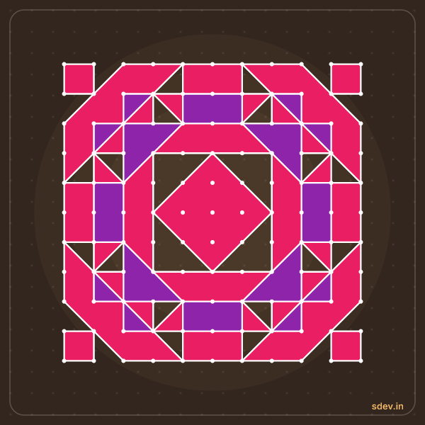 Pulli Rangoli, 11 - 11 straight dots, No. 28: finished kolam design