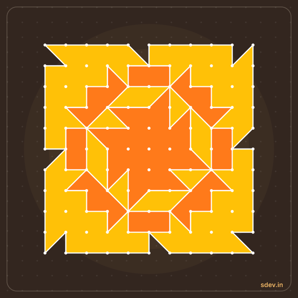 Pulli Rangoli, 11 - 11 straight dots, No. 39: finished kolam design