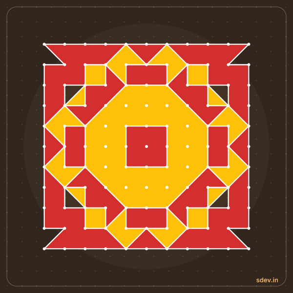 Pulli Rangoli, 11 - 11 straight dots, No. 40: finished kolam design