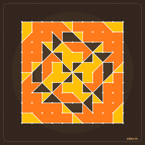 Pulli Rangoli, 11 - 11 straight dots, No. 44: finished kolam design