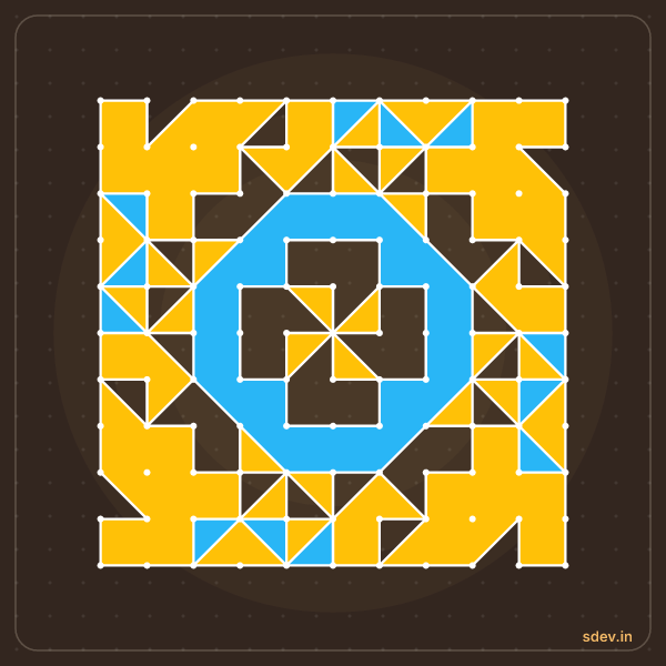 Pulli Rangoli, 11 - 11 straight dots, No. 56: finished kolam design