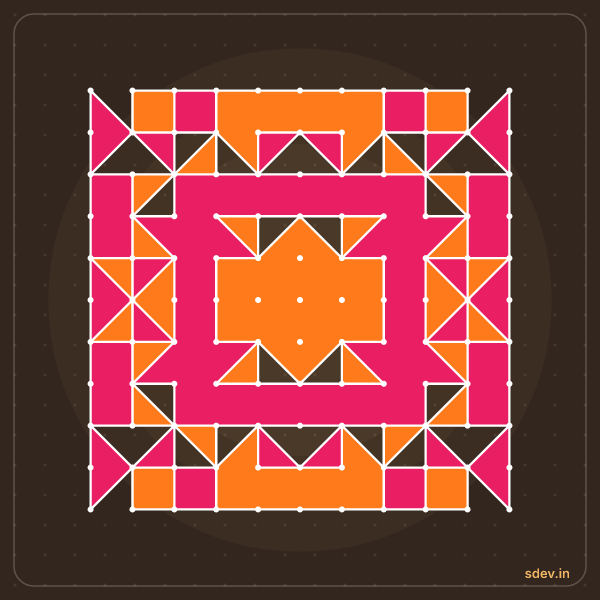 Pulli Rangoli, 11 - 11 straight dots, No. 59: finished kolam design