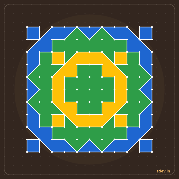 Pulli Rangoli, 11 - 11 straight dots, No. 64: finished kolam design