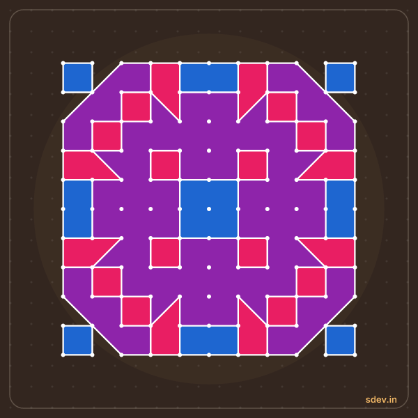 Pulli Rangoli, 11 - 11 straight dots, No. 65: finished kolam design