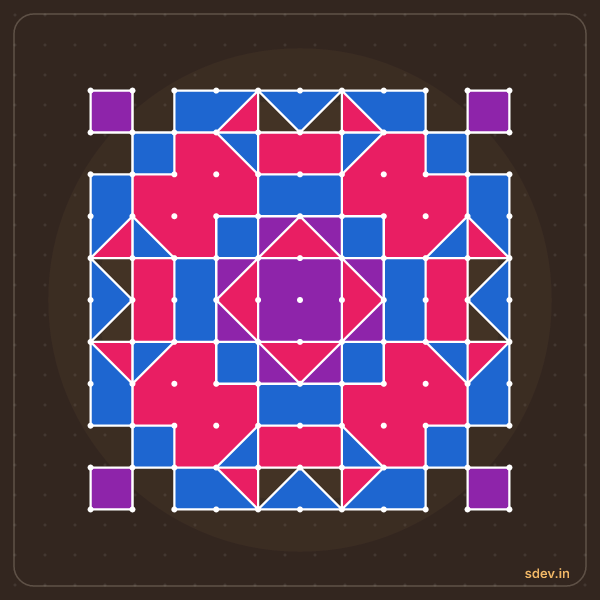Pulli Rangoli, 11 - 11 straight dots, No. 84: finished kolam design